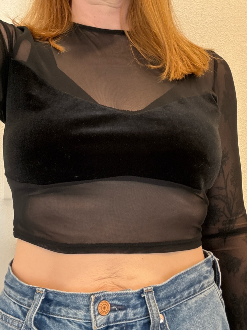 Naked Wardrobe Black Sheer Mesh Velvet Crop Top Long Sleeve XL Club Night Out